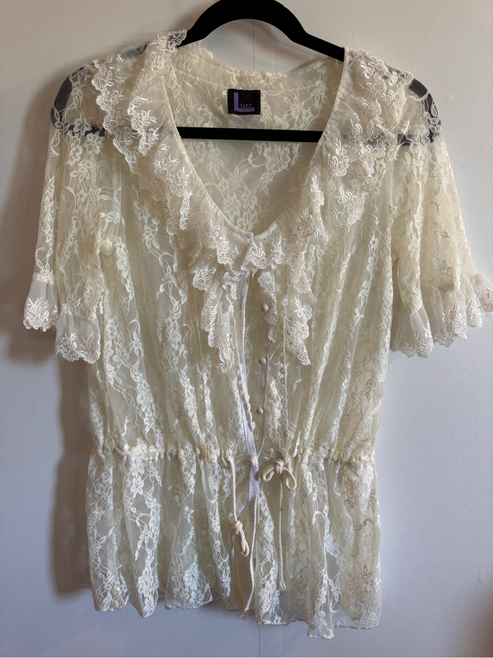 Luzz Ivory Lace Cottagecore Sheer Blouse Fairycore Boho Romantic Top